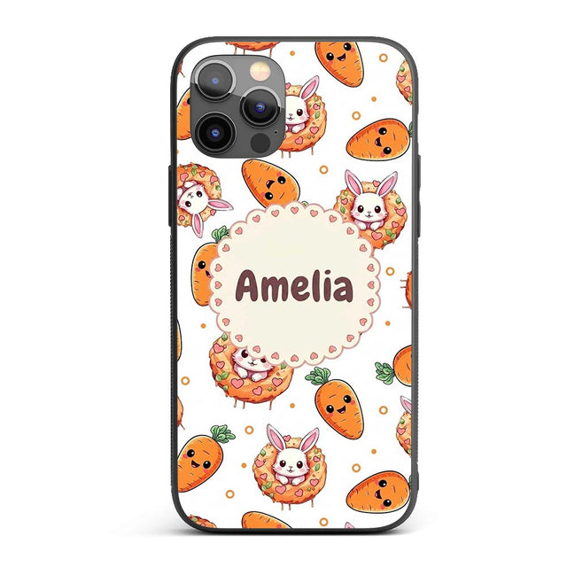 Cute Kawaii Bunny with Carrot Donut Seamless Custom Name Protective Phone Case Mobile Cover Durable Everyday Smartphone Shock Resistant