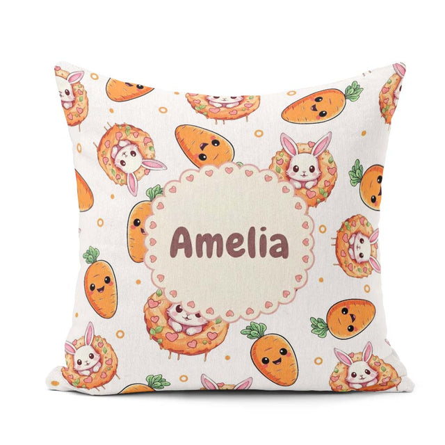 Custom Name Kawaii Bunny with Carrot Donut Seamless Pattern Grey Square Filled Cushion Throw Pillow Sofa Bed Home Decor Zip Washable UK Made