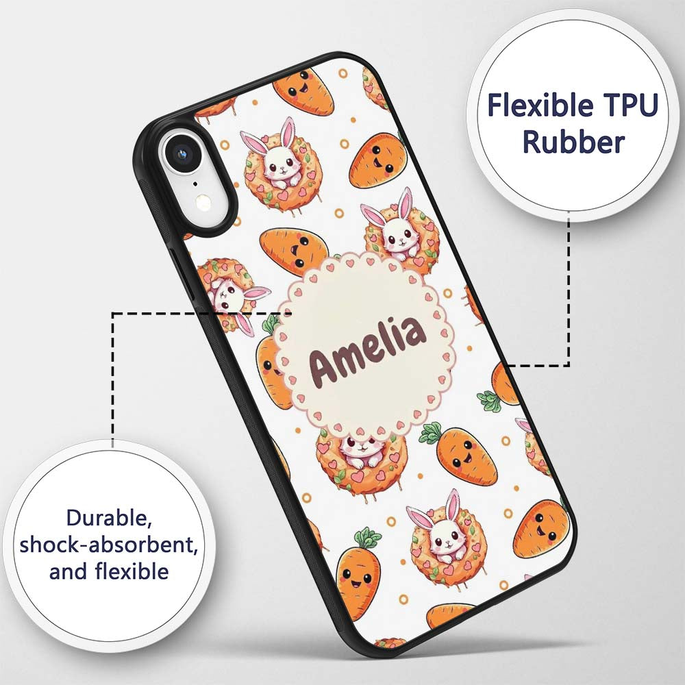 Cute Kawaii Bunny with Carrot Donut Seamless Custom Name Protective Phone Case Mobile Cover Durable Everyday Smartphone Shock Resistant