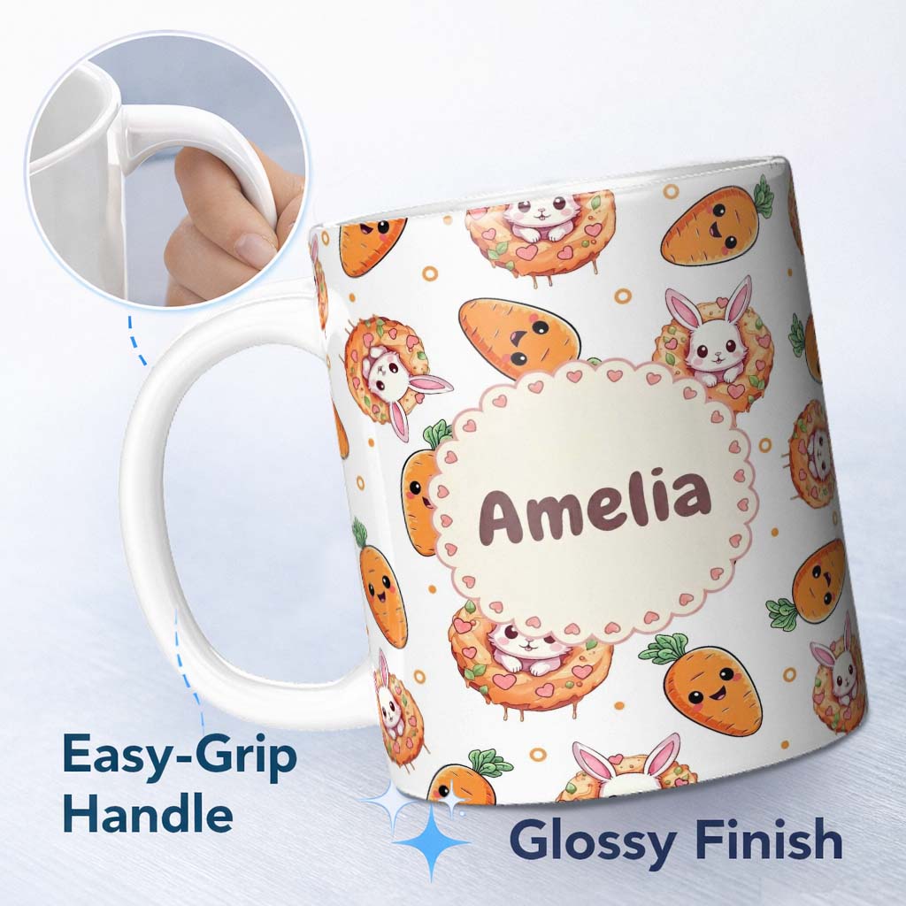 Personalized Custom Name Cute Kawaii Bunny with Carrot Donut Seamless Pattern Grey 11oz Ceramic Coffee Tea Mug White Large Handle