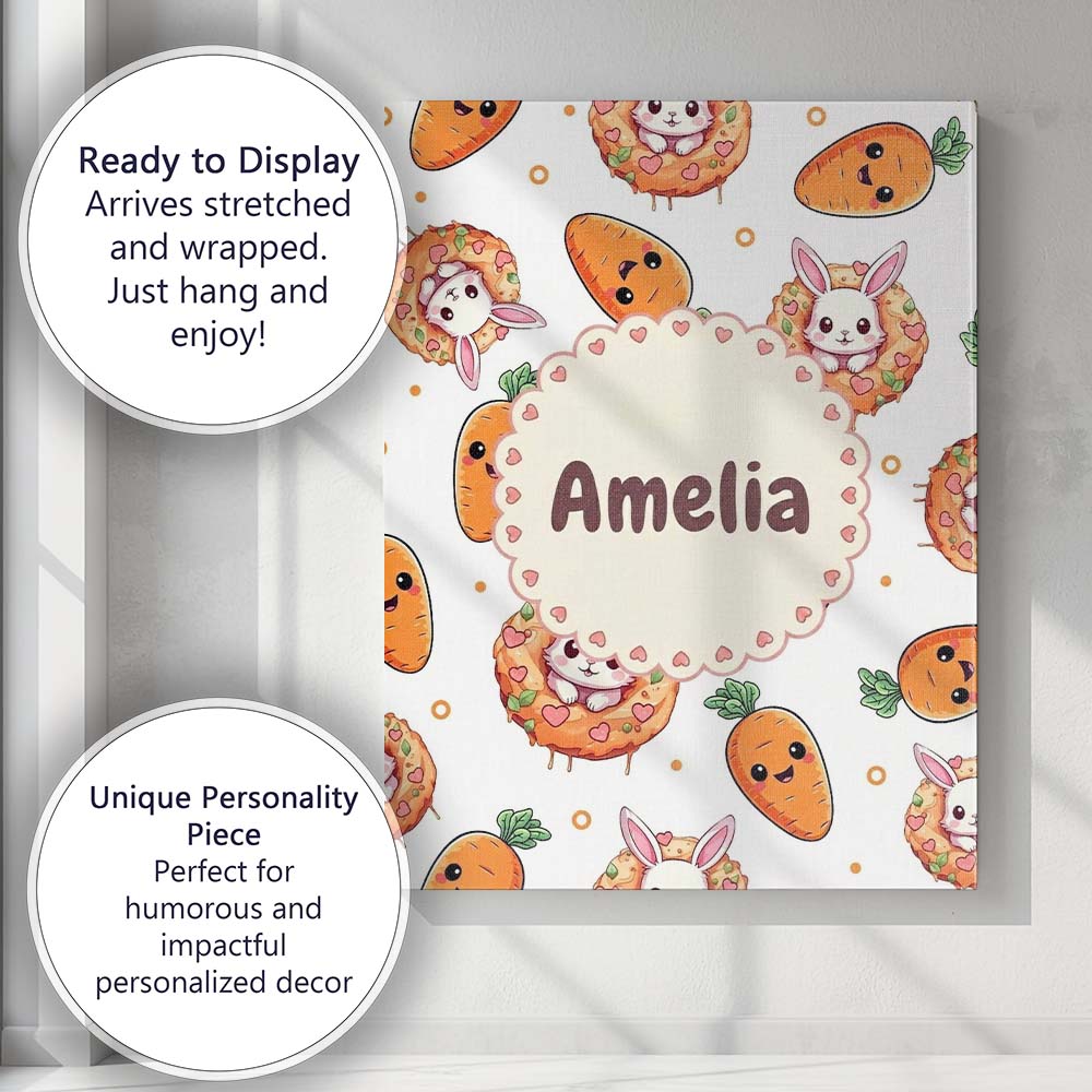 Personalised Name Cute Kawaii Bunny with Custom  Unique Gift Idea Elegant Feature Canvas Wall Art Print Decor Picture Ready to Hang