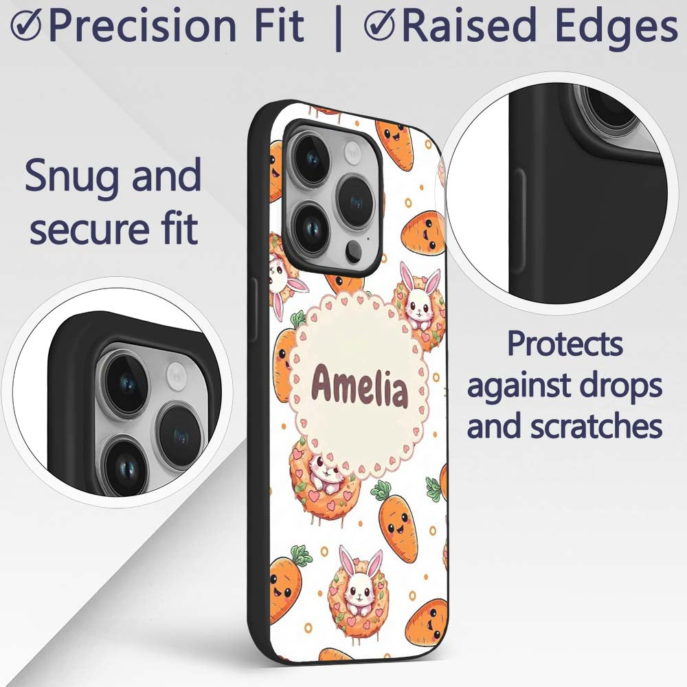 Cute Kawaii Bunny with Carrot Donut Seamless Custom Name Protective Phone Case Mobile Cover Durable Everyday Smartphone Shock Resistant