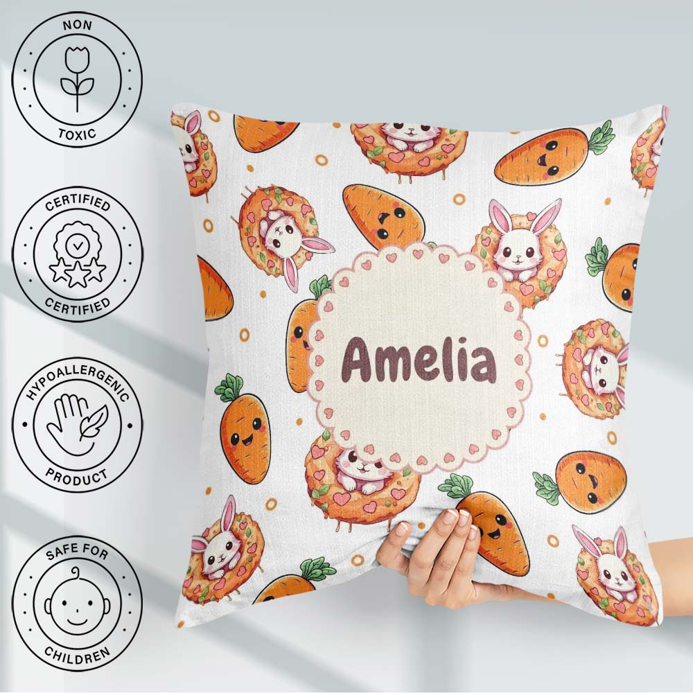 Custom Name Kawaii Bunny with Carrot Donut Seamless Pattern Grey Square Filled Cushion Throw Pillow Sofa Bed Home Decor Zip Washable UK Made