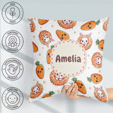 Custom Name Kawaii Bunny with Carrot Donut Seamless Pattern Grey Square Filled Cushion Throw Pillow Sofa Bed Home Decor Zip Washable UK Made
