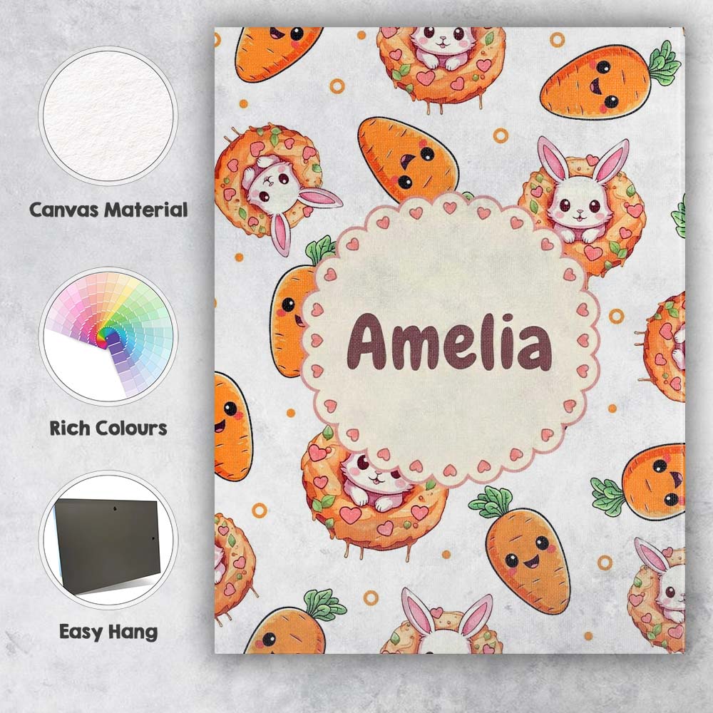 Personalised Name Cute Kawaii Bunny with Custom  Unique Gift Idea Elegant Feature Canvas Wall Art Print Decor Picture Ready to Hang