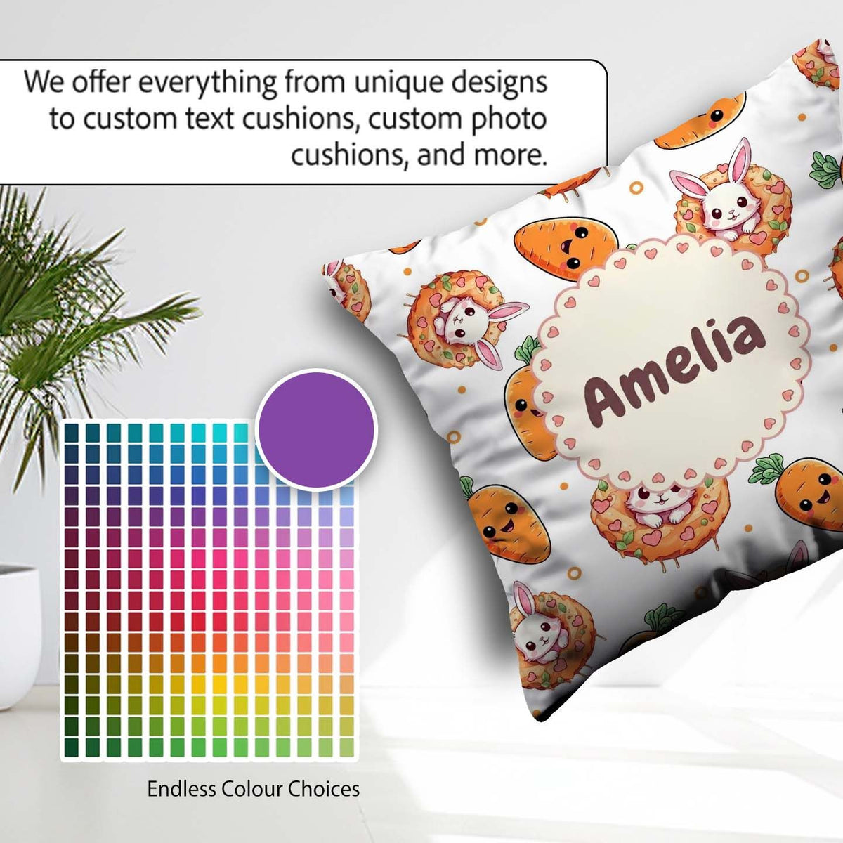 Custom Name Kawaii Bunny with Carrot Donut Seamless Pattern Grey Square Filled Cushion Throw Pillow Sofa Bed Home Decor Zip Washable UK Made