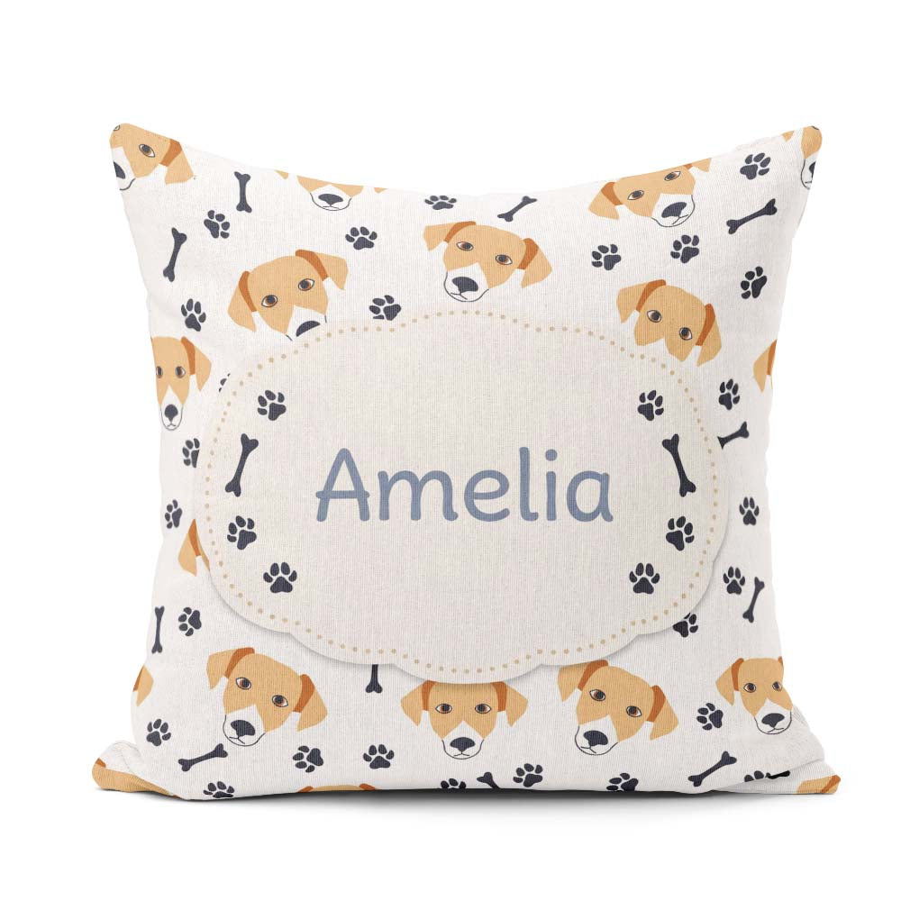 Custom Name Dog Faces Paw Prints Bones White Background Seamless Square Filled Cushion Throw Pillow Sofa Bed Home Decor Zip Washable UK Made
