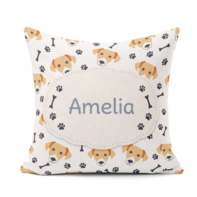 Custom Name Dog Faces Paw Prints Bones White Background Seamless Square Filled Cushion Throw Pillow Sofa Bed Home Decor Zip Washable UK Made