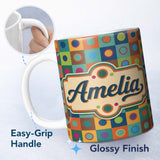 Personalized Custom Name Colorful Polka Dot Grid Modern Geometric Seamless Pattern Lovely 11oz Ceramic Coffee Tea Mug White Large Handle
