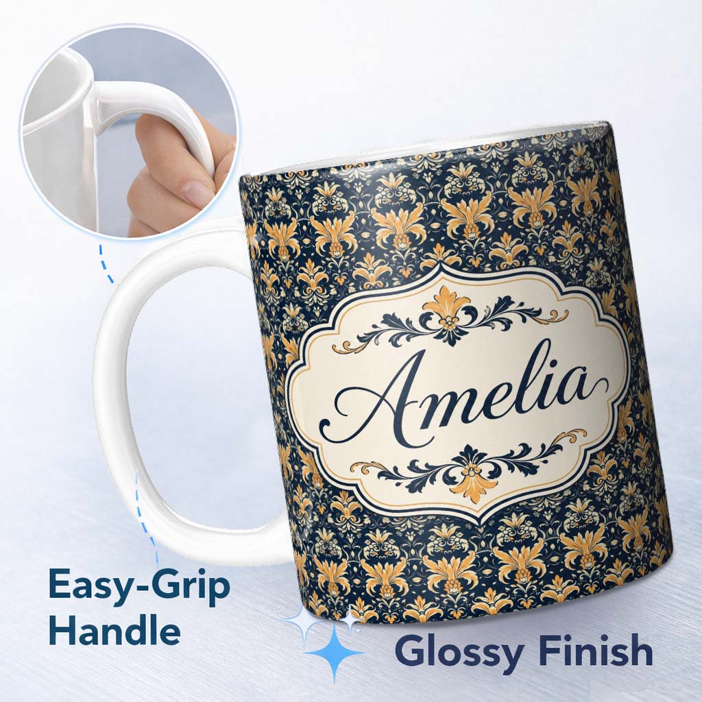 Personalized Custom Name Luxurious Gold Floral Damask on Deep Navy Background Seamless Lovely 11oz Ceramic Coffee Tea Mug White Large Handle