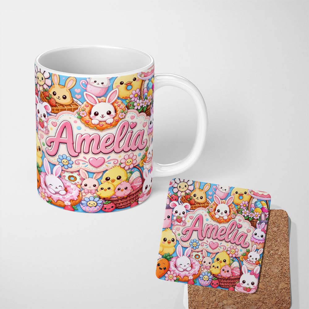 Personalized Custom Name Cute Easter Bunny Chick and Eggs Dessert Seamless Pattern Cream 11oz Ceramic Coffee Tea Mug White Large Handle