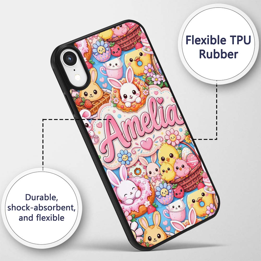 Cute Easter Bunny Chick and Eggs Dessert Seamless Custom Name Protective Phone Case Mobile Cover Durable Everyday Smartphone Shock Resistant