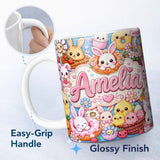 Personalized Custom Name Cute Easter Bunny Chick and Eggs Dessert Seamless Pattern Cream 11oz Ceramic Coffee Tea Mug White Large Handle