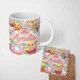 Personalized Custom Name Cute Easter Bunny Chick and Eggs Dessert Seamless Pattern Blue 11oz Ceramic Coffee Tea Mug White Large Handle