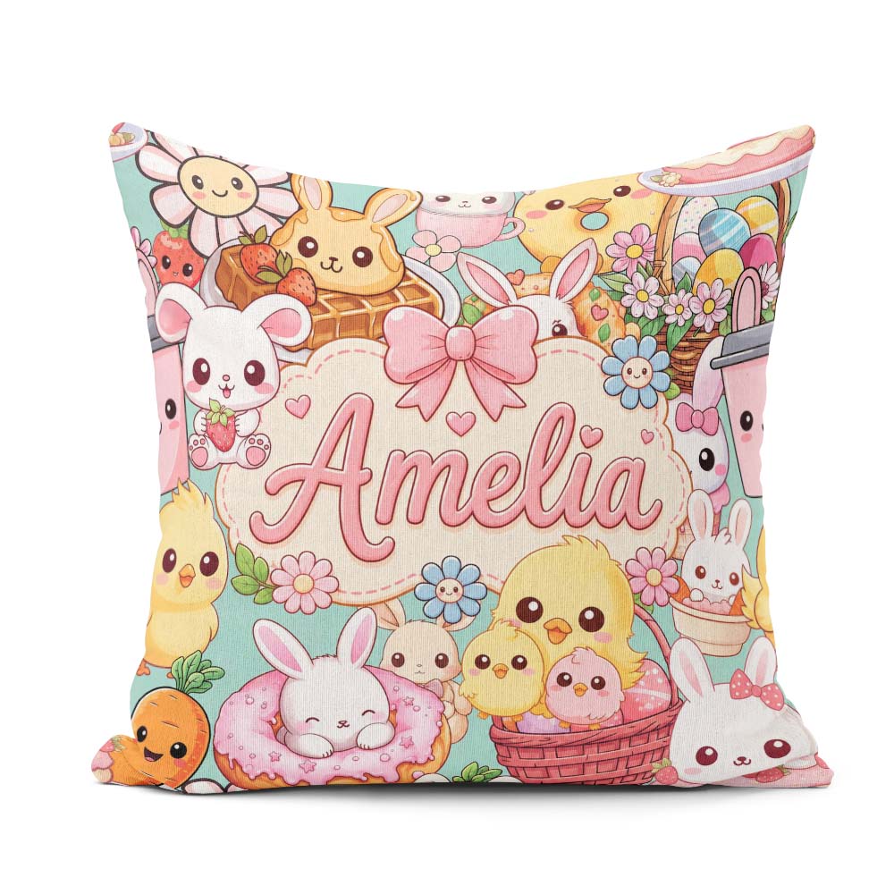 Custom Name Easter Bunny Chick and Eggs Dessert Seamless Pattern Square Filled Cushion Throw Pillow Sofa Bed Home Decor Zip Washable UK Made