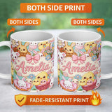 Personalized Custom Name Cute Easter Bunny Chick and Eggs Dessert Seamless Pattern Blue 11oz Ceramic Coffee Tea Mug White Large Handle