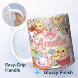 Personalized Custom Name Cute Easter Bunny Chick and Eggs Dessert Seamless Pattern Blue 11oz Ceramic Coffee Tea Mug White Large Handle