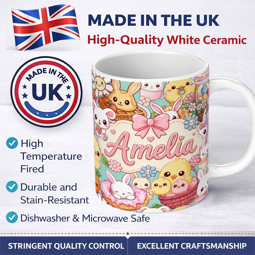 Personalized Custom Name Cute Easter Bunny Chick and Eggs Dessert Seamless Pattern Blue 11oz Ceramic Coffee Tea Mug White Large Handle