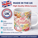 Personalized Custom Name Cute Easter Bunny Chick and Eggs Dessert Seamless Pattern Blue 11oz Ceramic Coffee Tea Mug White Large Handle