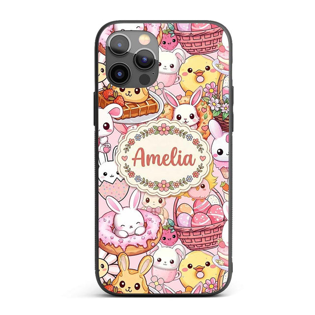 Cute Easter Bunny Chick and Eggs Dessert Seamless Custom Name Protective Phone Case Mobile Cover Durable Everyday Smartphone Shock Resistant