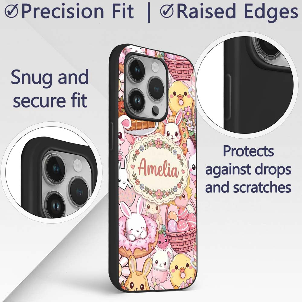 Cute Easter Bunny Chick and Eggs Dessert Seamless Custom Name Protective Phone Case Mobile Cover Durable Everyday Smartphone Shock Resistant