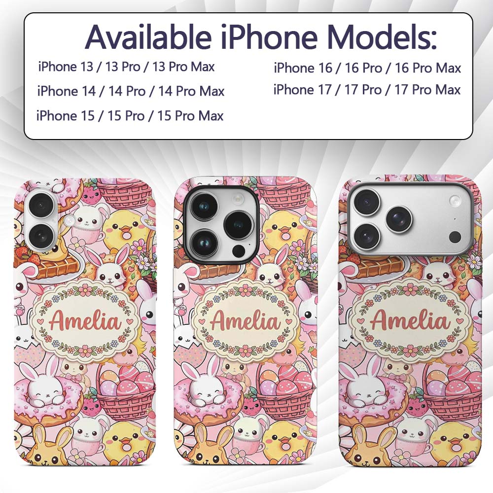 Cute Easter Bunny Chick and Eggs Dessert Seamless Custom Name Protective Phone Case Mobile Cover Durable Everyday Smartphone Shock Resistant