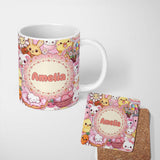 Personalized Custom Name Cute Easter Bunny Chick and Eggs Dessert Seamless Pattern Blush 11oz Ceramic Coffee Tea Mug White Large Handle