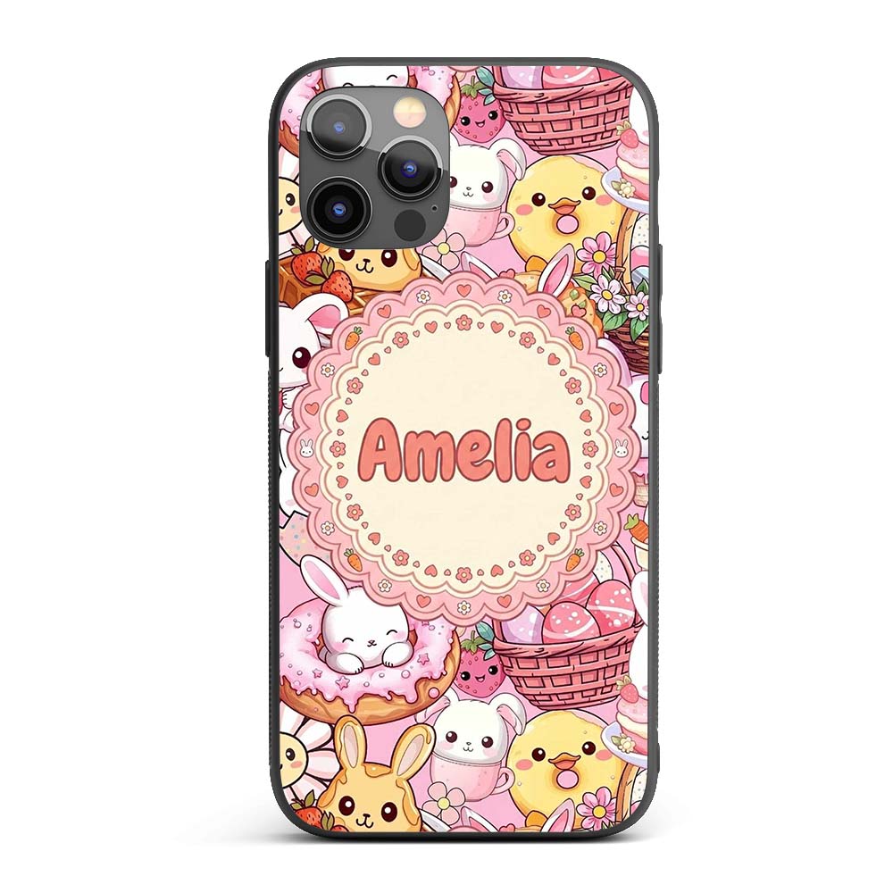 Cute Easter Bunny Chick and Eggs Dessert Seamless Custom Name Protective Phone Case Mobile Cover Durable Everyday Smartphone Shock Resistant