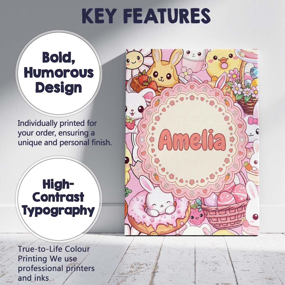 Personalised Name Cute Easter Bunny Chick Custom  Unique Gift Idea Elegant Feature Canvas Wall Art Print Decor Picture Ready to Hang