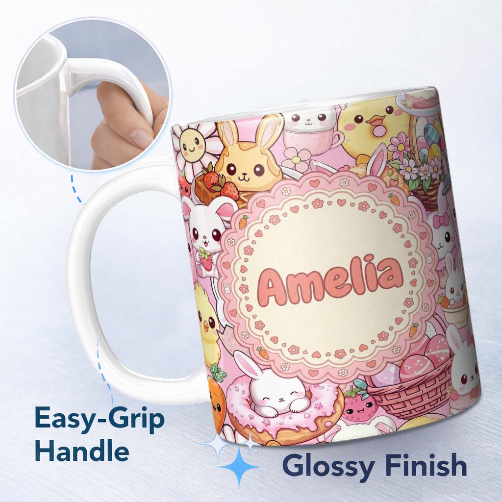 Personalized Custom Name Cute Easter Bunny Chick and Eggs Dessert Seamless Pattern Blush 11oz Ceramic Coffee Tea Mug White Large Handle
