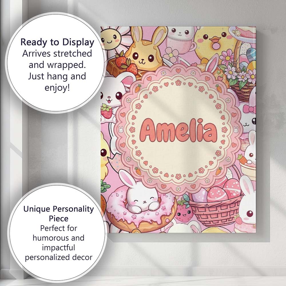 Personalised Name Cute Easter Bunny Chick Custom  Unique Gift Idea Elegant Feature Canvas Wall Art Print Decor Picture Ready to Hang