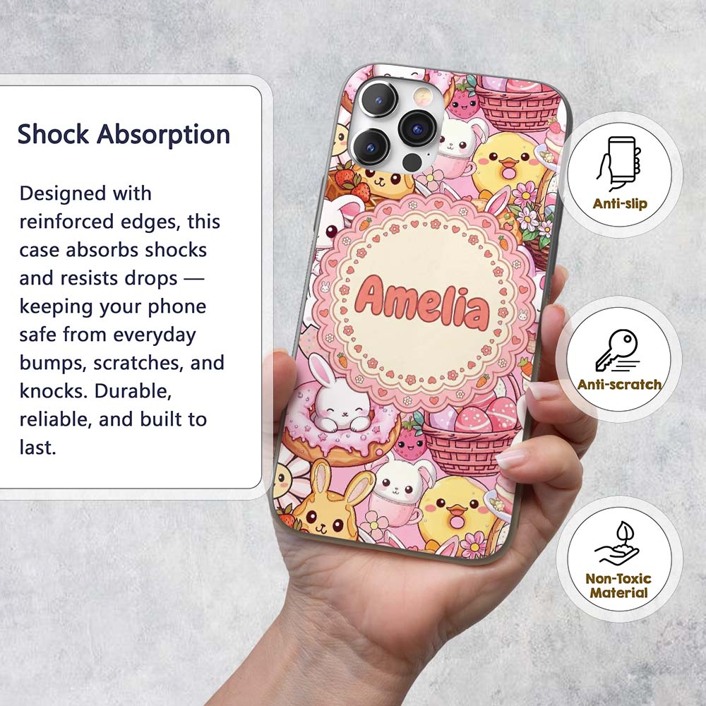 Cute Easter Bunny Chick and Eggs Dessert Seamless Custom Name Protective Phone Case Mobile Cover Durable Everyday Smartphone Shock Resistant