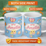 Personalized Custom Name Cute Easter Chick Bunny Macaron Carrot Rainbow Seamless Pattern 11oz Ceramic Coffee Tea Mug White Large Handle