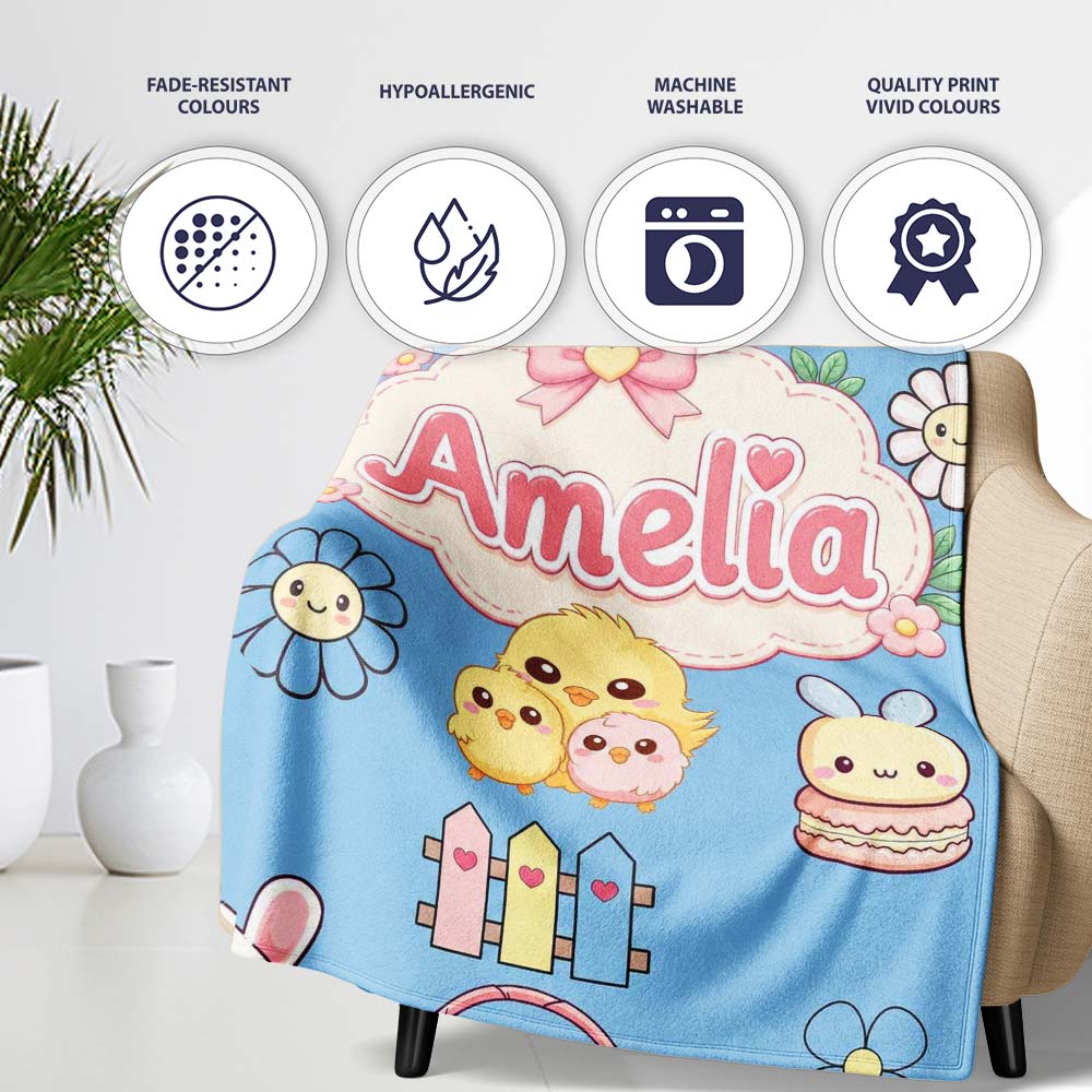 Cute Easter Chick Bunny Macaron Carrot Rainbow Seamless Pattern  Personalised Custom Name Super Soft Fleece Blanket Bed Sofa Throw