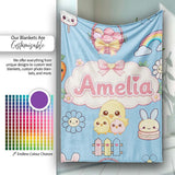 Cute Easter Chick Bunny Macaron Carrot Rainbow Seamless Pattern  Personalised Custom Name Super Soft Fleece Blanket Bed Sofa Throw