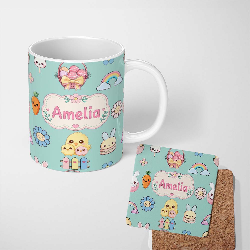 Personalized Custom Name Cute Easter Chick Bunny Macaron Carrot Rainbow Seamless Pattern 11oz Ceramic Coffee Tea Mug White Large Handle