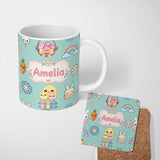 Personalized Custom Name Cute Easter Chick Bunny Macaron Carrot Rainbow Seamless Pattern 11oz Ceramic Coffee Tea Mug White Large Handle