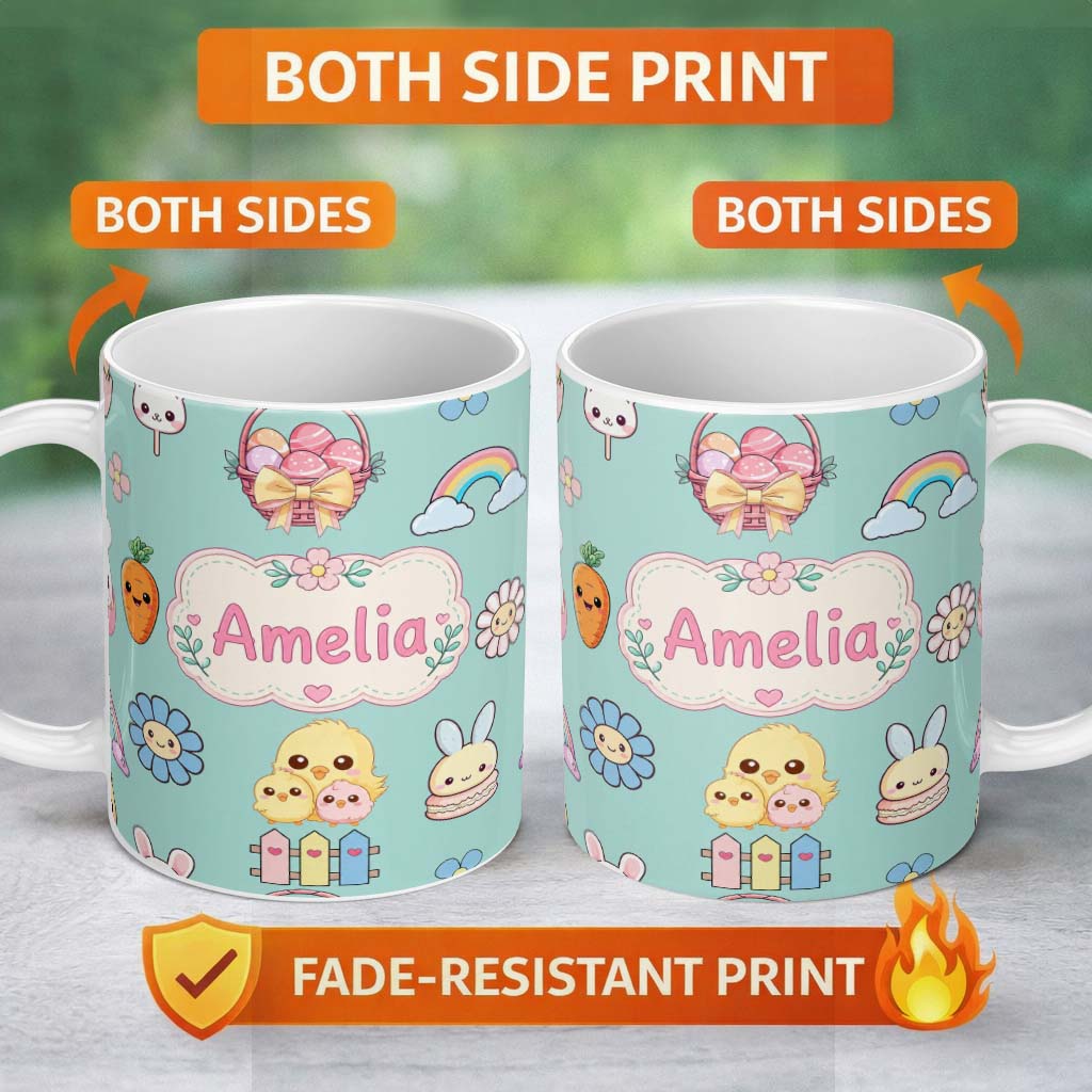 Personalized Custom Name Cute Easter Chick Bunny Macaron Carrot Rainbow Seamless Pattern 11oz Ceramic Coffee Tea Mug White Large Handle
