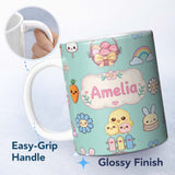 Personalized Custom Name Cute Easter Chick Bunny Macaron Carrot Rainbow Seamless Pattern 11oz Ceramic Coffee Tea Mug White Large Handle