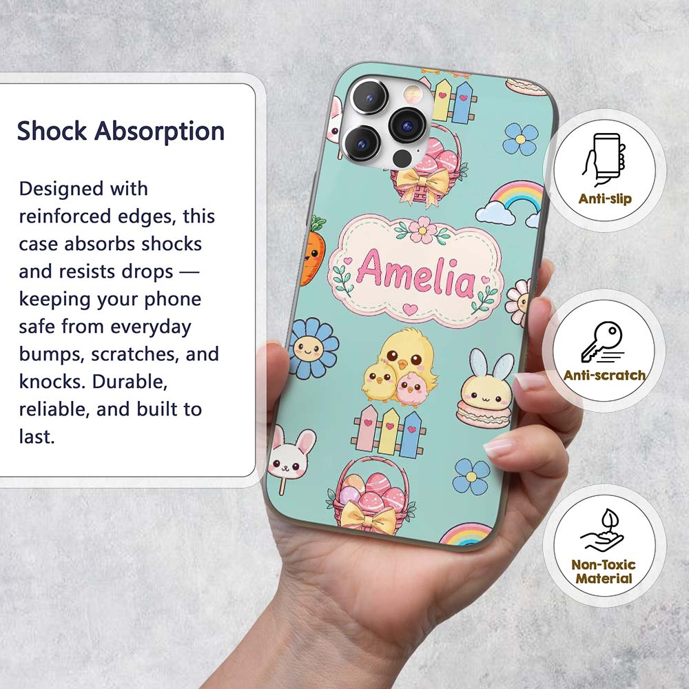 Cute Easter Chick Bunny Macaron Carrot Rainbow Custom Name Protective Phone Case Mobile Cover Durable Everyday Smartphone Shock Resistant