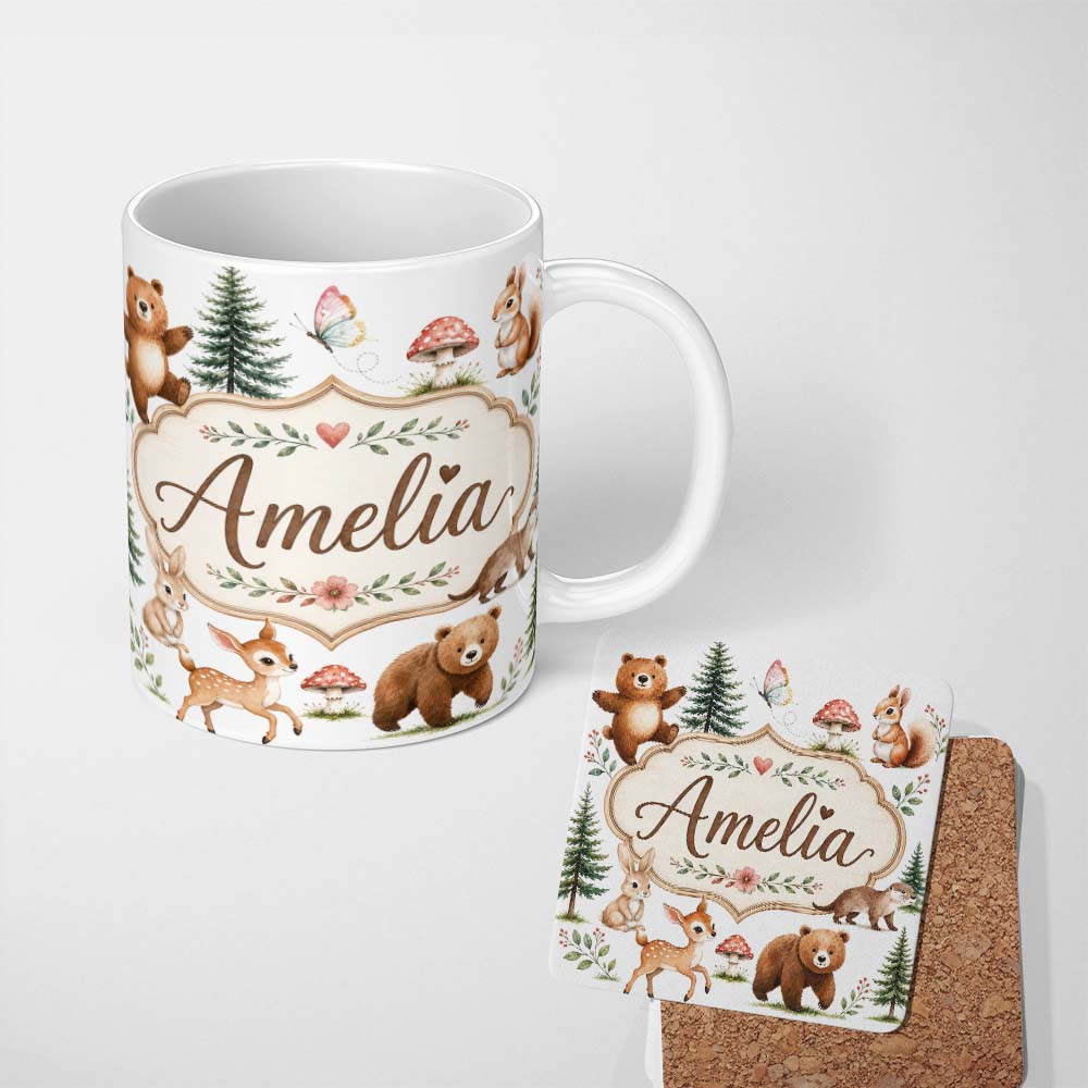 Personalized Custom Name Forest Animals Bear Deer Fox Owl Raccoon on Soft Grey Seamless 11oz Ceramic Coffee Tea Mug White Large Handle
