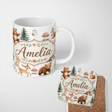 Personalized Custom Name Forest Animals Bear Deer Fox Owl Raccoon on Soft Grey Seamless 11oz Ceramic Coffee Tea Mug White Large Handle