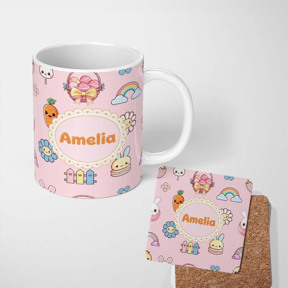 Personalized Custom Name Cute Easter Chick Bunny Macaron Carrot Rainbow Seamless Pattern 11oz Ceramic Coffee Tea Mug White Large Handle