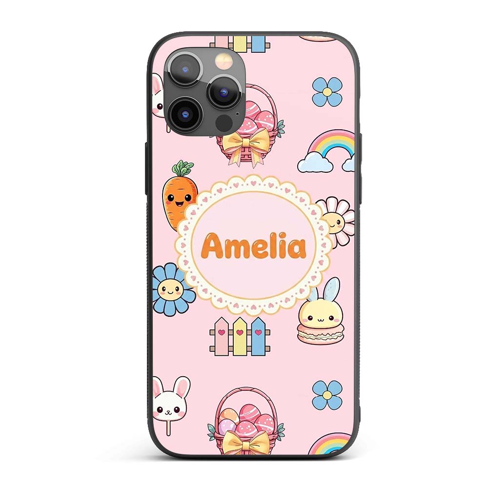 Cute Easter Chick Bunny Macaron Carrot Rainbow Custom Name Protective Phone Case Mobile Cover Durable Everyday Smartphone Shock Resistant
