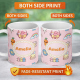 Personalized Custom Name Cute Easter Chick Bunny Macaron Carrot Rainbow Seamless Pattern 11oz Ceramic Coffee Tea Mug White Large Handle