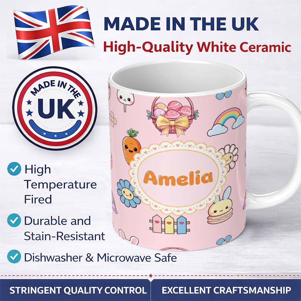 Personalized Custom Name Cute Easter Chick Bunny Macaron Carrot Rainbow Seamless Pattern 11oz Ceramic Coffee Tea Mug White Large Handle