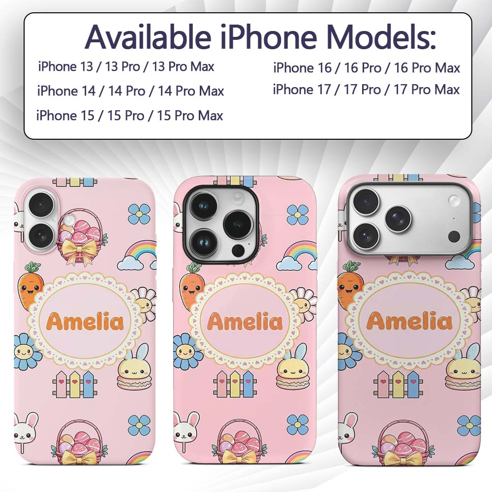 Cute Easter Chick Bunny Macaron Carrot Rainbow Custom Name Protective Phone Case Mobile Cover Durable Everyday Smartphone Shock Resistant