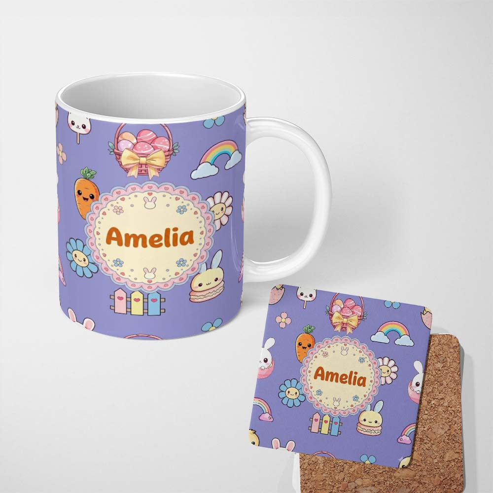 Personalized Custom Name Easter Chick Bunny Macaron Carrot Rainbow Seamless Pattern Purple 11oz Ceramic Coffee Tea Mug White Large Handle