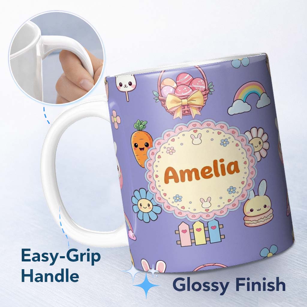 Personalized Custom Name Easter Chick Bunny Macaron Carrot Rainbow Seamless Pattern Purple 11oz Ceramic Coffee Tea Mug White Large Handle