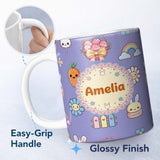 Personalized Custom Name Easter Chick Bunny Macaron Carrot Rainbow Seamless Pattern Purple 11oz Ceramic Coffee Tea Mug White Large Handle